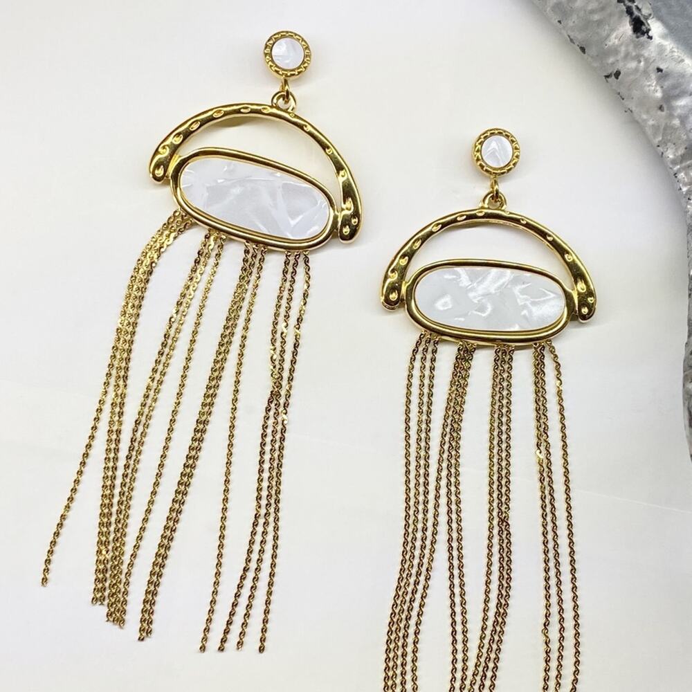 NEW Mother Of Pearl Gold Fringe Earrings